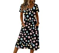 Saymany Sommerkleid Damen Leicht Lang, Kurzarm Casual Boho Kleid Freizeitkleid Polka Dot Rundhals Kleider Lockere Casual Mit Seitentaschen (4-Schwarz, XL)