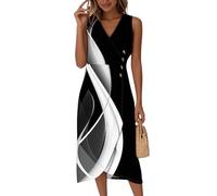 Saymany Sommerkleid Damen Leicht, Leinenkleider Sommer Midikleid Ärmelloses V Ausschnitt Wickelkleid Druck Partykleid Strandkleid Knopf Luftig Hohe Taille (2-Schwarz, XL)