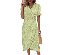 Saymany Sommerkleid Damen, Leinenkleid Damen Sommer V-Ausschnitt Kurzarm Strandkleid Blumendruck Tailliert Curvy Midikleid Sommerkleider Knopf Classic Partykleid (1-Leuchtendes Grün, XXL)