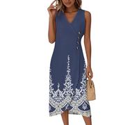 Saymany Sommerkleid Damen Midi, Kurzarm V-Ausschnitt Strandkleid Luftig Ärmellos V-Ausschnitt Kleider Blumenmuster Wickelkleid Elegant Sommer Midikleid Partykleid Knopf Tailliert (3-Marine, XL)