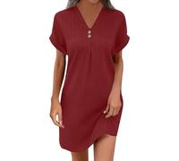 Saymany Sommerkleid Damen V-Ausschnitt Blusenkleid - Luftig Musselin Kleid Kurzarm Strandkleid Elegant Einfarbig Hemdkleid Mit Knöpfen Leicht Tshirt Freizeitkleid Boho Kleid Lässiges Dress