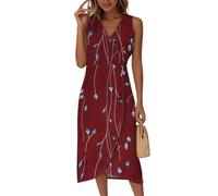 Saymany Sommerkleid Elegant, Kleid Leinenkleid Damen V-Ausschnitt Ärmellos Strandkleid Wickelkleid Blumendruck Tailliert Midikleid Partykleid Sommer Knopf (1-Weinrot, M)