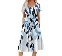 Saymany Sommerkleid Midi, Damen Kleider Sommerkleider Kleid Rundhals Kurzarm Midikleid Lockerer Blumendruck Shirtkleid Mit Taschen Casual Strandkleid Klassiker Beuqem Freizeitkleider (2-Blau, M)