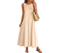 Saymany Strandkleid Damen 2026 Sommer Maxikleid Ärmellos Rundhals Lässig Locker Strand Urlaub Basic Langes Kleider Sommerkleider Damen Sommerkleider Leicht Und Luftig(01##Beige, XL)