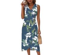 Saymany Strandkleid Damen Große Größen, Kleider Sommerkleider Midikleid Ärmelloses V Ausschnitt Sommerkleid Wickelkleid Druck Sommer Partykleid Knopf Luftig Hohe Taille (1-Dunkelgrün, S)