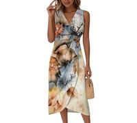 Saymany Strandkleid Damen Große Größen, Sommerkleider Knielang Elegant Boho Kleid Ärmellos V-Ausschnitt Kleider Blumenmuster Wickelkleid Sommer Midikleid Partykleid Knopf Tailliert (3-Orange, XXL)