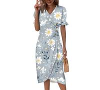 Saymany Strandkleid, Damen Kleid Elegant V-Ausschnitt Kurzarm Sommerkleid Strandkleid Blumendruck Tailliert Curvy Midikleid Sommerkleider Knopf Classic Partykleid (3-Grau, M)