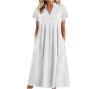 Saymany Strandkleid Damen Lang, Kurzarm Rundhals Sommerkleid Boho Wickelkleid Einfarbige Henley-V-Ausschnitt Freizeitkleid Leicht Und Luftig Sommerkleider Partykleid Mit Taschen Locker (Weiß, XXL)