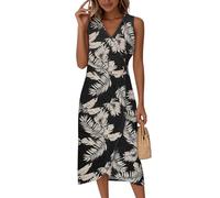 Saymany Strandkleid Damen Luftig, Kleider Kleid V-Ausschnitt Ärmellos Wickelkleid Blumendruck Tailliert Midikleid Partykleid Sommer Knopf (1-Schwarz, XXL)