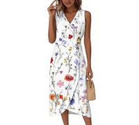 Saymany Strandkleid Damen, Sommerkleider Damen Knielang Elegant Boho Kleid Midikleid Ärmelloses V Ausschnitt Sommerkleid Wickelkleid Druck Sommer Partykleid Knopf Luftig Hohe Taille (1-Weiß, XL)