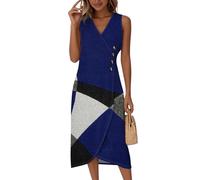 Saymany Strandkleid Damen, Sommerkleider Damen Knielang Elegant Boho Kleid V-Ausschnitt Ärmellos Wickelkleid Blumendruck Tailliert Midikleid Partykleid Sommer Knopf (2-Blau, XL)