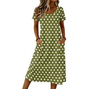 Saymany Strandkleid, Maxikleid Damen Sommerkleid Freizeitkleid Polka Dot Rundhals Kurzarm Kleider Lockere Casual Boho Kleid Mit Seitentaschen (1-Grün, L)