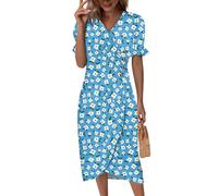 Saymany Strandkleid, Strandkleid Damen Hochzeitsgast Kleid V-Ausschnitt Kurzarm Sommerkleid Blumendruck Tailliert Curvy Midikleid Sommerkleider Knopf Classic Partykleid (2-Himmelblau, S)