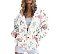 Saymany Sweatjacke Damen Mit Kapuze Blumenmuster Jacke Zipper Hoodie Y2k Warm Damen-Jacken Drucken Baumwoll Kapuzenjacke Sweatshirt Casual Zip Up (D Pink,L)