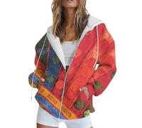 Saymany Teddy Jacke Damen Langarm Kapuzenpulli Hoodie Reißverschluss Blumenmuster Sweatshirt Hoodies Vntage Sweatjacke Sportjacke Mit Kapuze Große Größen (D Watermelon Red,XXL)