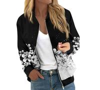 Saymany Übergangsjacke Damen Mit Taschen Drucken Bomberjacke Blouson Jacke Stehkragen Reißverschluss Pilotenjacke Bomber Jacket Casual Leichte Outdoorjacke College Jacket Sport Style Herbstjacke