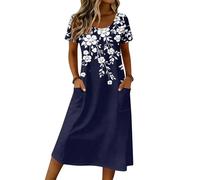 Saymany Wickelkleid Damen, Strandkleid Damen Cocktailkleid Elegant Freizeitkleid Polka Dot Rundhals Kurzarm Sommerkleid Kleider Lockere Casual Boho Kleid Mit Seitentaschen (2-Blau, XL)