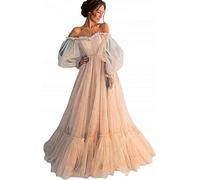 Sayno Schulterfreies Kleid mit langen Puffärmeln und Rüschen, Tüll, Prinzessinnenkleid, Quinceanera-Kleid für Damen, champagnerfarben, 48