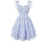 SCARLET DARKNESS Damen Floral Kleid Teens Sommer Verstellbare Krawatte-Schulter Korsett Sundress Tiered Saum Minikleider Weiß-Blauer Floral L