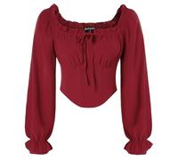 SCARLET DARKNESS Damen Langarm Piratenbluse Square Neck Lace-up Korsett mit Rüschen Gothic Corset Tops Weinrot XL