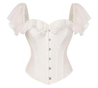 SCARLET DARKNESS Damen Renaissance Korsett Herzausschnitt mit Rüschen Corset Chiffon Kurzarm Corsage Lace-up Piraten Corset Top Beige 38