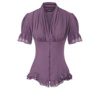 SCARLET DARKNESS Damen Rüschenbluse Mittelalter Spitzen Shirt Gothic Bluse | Kurzarm mit Rüsche, V-Ausschnitt, Schnürrücken