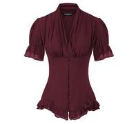 SCARLET DARKNESS Damen Rüschenbluse Mittelalter Spitzen Shirt Gothic Bluse | Kurzarm mit Rüsche, V-Ausschnitt, Schnürrücken