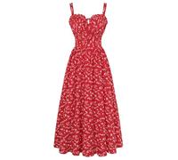 SCARLET DARKNESS Damen Sommerkleid Lang Ärmellos Blumendruck Chiffonkleid Spaghettiträger Strandkleid mit Taschen Rot-Weiß Blumen M
