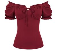 SCARLET DARKNESS Damen Viktorianische Korsett Bluse Mittelalter Sommer Kurzarm Rüschenbluse Wein XL
