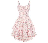 Scarlet Darkness Gesmoktes Blumen-Sommerkleider für Frauen und Teenager 2026 Sommer Fließendes Rüschen-Minikleid, Weiß/Rosa Blumenmuster, Klein