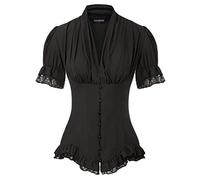 SCARLET DARKNESS Gothic Bluse Damen Kurzarm V-Ausschnitt mit Rüschen Tunika Mittelalter Bluse XL Schwarz