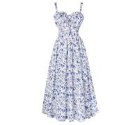 SCARLET DARKNESS Leicht Chiffonkleid Damen Blumenprint Sommer Midikleid Causal Standkleid Schwung Cottagecore Sundress Beige-Blau S