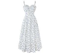 SCARLET DARKNESS Leicht Chiffonkleid Damen Blumenprint Sommer Midikleid Causal Standkleid Schwung Cottagecore Sundress Weiß-Blau S