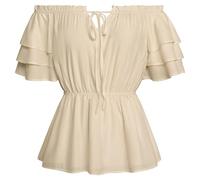 SCARLET DARKNESS Mittelalter Damen Rüschenbluse Elegant Lace Up Country Dirndl Bluse Khaki L