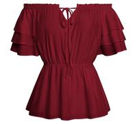 SCARLET DARKNESS Mittelalter Damen Rüschenbluse Elegant Lace Up Country Dirndl Bluse Rotwein L
