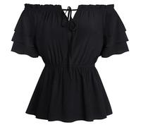 SCARLET DARKNESS Mittelalter Damen Rüschenbluse Elegant Lace Up Country Dirndl Bluse Schwarz L