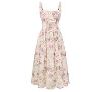 SCARLET DARKNESS Sommerkleid Damen Lang Spaghettiträger Strandkleid Ärmellos Blumendruck Chiffonkleid mit Taschen Beige-rosa Blumen M