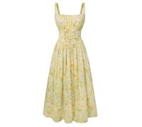 SCARLET DARKNESS Sommerkleid Damen Lang Spaghettiträger Strandkleid Ärmellos Blumendruck Chiffonkleid mit Taschen Beige-gelb Blumen XXL