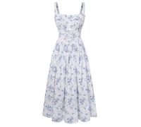 SCARLET DARKNESS Sommerkleid Damen Lang Spaghettiträger Strandkleid Ärmellos Blumendruck Chiffonkleid mit Taschen Weiß-blau Blumen L