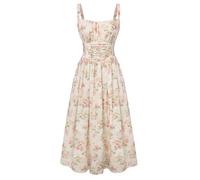 SCARLET DARKNESS Sommerkleid Damen Lang Spaghettiträger Strandkleid Ärmellos Blumendruck Chiffonkleid mit Taschen Hellgrün-rosa Blumen M