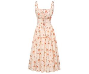 SCARLET DARKNESS Sommerkleid Damen Spaghetti Lange Boho Kleid Vintage Milkmaid Country Kleid Weiß-Orange Blumen S