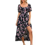 SCARLET DARKNESS Sommerkleid Damen Viktorianisches A-Linie Blumenkleid Puffärmel Kurzarm mit Rüschen Corsagenkleid Schwarz und Rosa Blumen XL