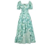 SCARLET DARKNESS Sommerkleid Damen Viktorianisches A-Linie Blumenkleid Puffärmel Kurzarm mit Rüschen Corsagenkleid Grüne und weiß Blumen XXL