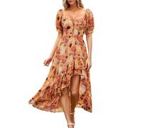 SCARLET DARKNESS Sommerkleid Damen Viktorianisches A-Linie Blumenkleid Puffärmel Kurzarm mit Rüschen Corsagenkleid Gelb und Sonnenblumen S