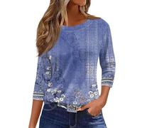 SCBFDI 3/4 Arm Bluse Damen Elegant Blumendruck Hemde Rundhals Basic Tops | Schule Bluse Übergröße 3/4 Ärmel Gummizug Lockere Bequeme Boho Oberteile Hawaii Outfit