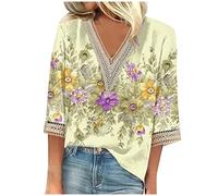 SCBFDI Longshirt Damen 3/4 Arm Tops V-Ausschnitt Spitze Patchwork Blusen | Lieblings-Ballett-T-Shirt Mode Grafik Lounge Tuniken Hippie-Kleidung