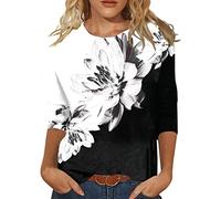 SCBFDI Tshirt Damen, 3/4 Ärmel Hemden für Frauen Blumendruck Rundhals Bluse | Blusen Schmale Assform Dreiviertellange Ärmel Tuniken Date Nacht Outfit