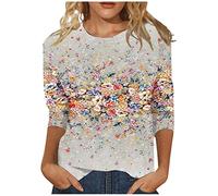 SCBFDI Tshirt Damen, 3/4 Ärmel Hemden für Frauen Blumendruck Rundhals Bluse | Blusen Schmale Assform Dreiviertellange Ärmel Tuniken Date Nacht Outfit