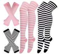 Scettar 2 Paar Oberschenkelhohe Socken & 2 Paar Lange Fingerlose Handschuhe, Gestreifte Kniehohe Socken Beinwärmer für Frauen Und Armstulpen für Frauen und Mädchen (Schwarz + Rosa)