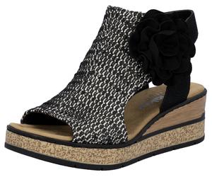 Schaftsandalette RIEKER, Damen, Gr. 38, schwarz-weiß (schwarz, kombiniert), Nubuklederimitat, Textil, Schuhe, Keilsandale, Sommerschuh, Plateausandalette mit Blüte (73188040-38) schwarz, kombiniert